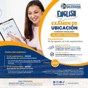 Afiche promocional del Examen de ubicación de inglés - sede Cuenca
